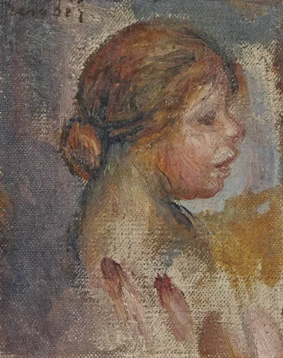 An unfinished oil sketch of a young girl's head in profile, auburn hair gathered in a low knot, loose brushwork against a muted grey and gold background.