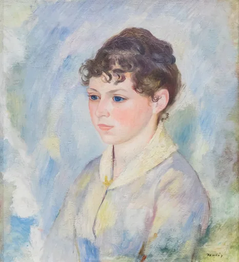 A young girl with curly brown hair and blue eyes in a pale collared jacket, painted against a soft light blue background
