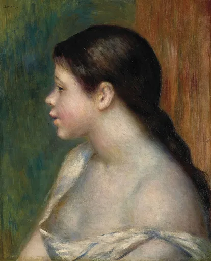 A profile portrait of a bare-shouldered young girl with long dark hair, wrapped in a loose white cloth, against a background split green and ochre.