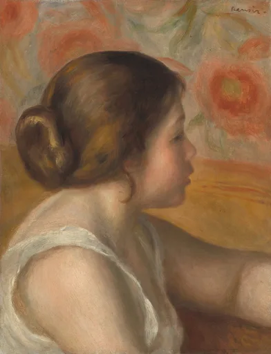 A young girl's head in profile against floral wallpaper, brown hair pinned back, in warm ochre, red and cream tones.