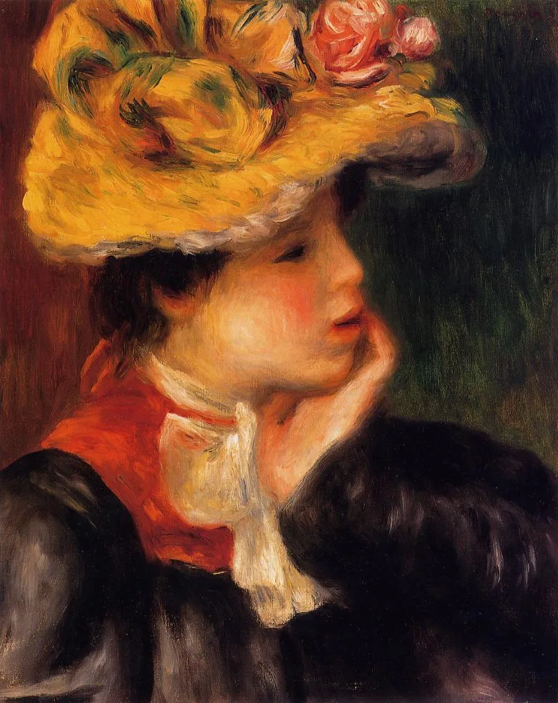A woman in profile rests her chin on her hand, wearing a wide yellow hat trimmed with pink roses and a white lace collar, against a dark green background.