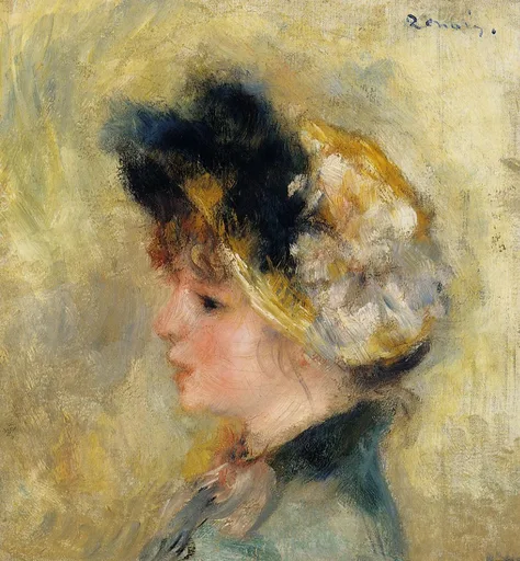 A profile portrait of a young girl in a feathered hat with dark plumes and cream ruffles, her hair partly hidden beneath the brim, against gold.