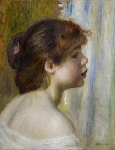 A young woman's head in profile wrapped in a white shawl, auburn hair, against a blue-green striped curtain.