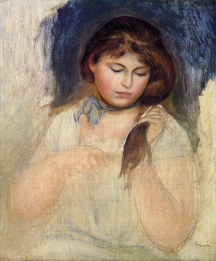 An unfinished sketch of a woman with auburn hair, eyes closed and head tilted down, raising both hands toward her hair, against deep blue and cream.