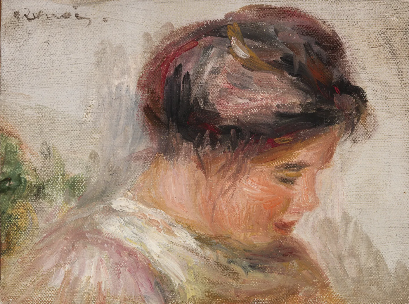 A sketchy profile of a young girl in a red headscarf and white lace collar, against a pale background