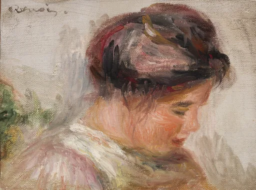A sketchy profile of a young girl in a red headscarf and white lace collar, against a pale background