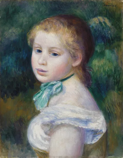 A young girl in a white dress with a green ribbon at her throat, auburn hair loose, against a dark green background