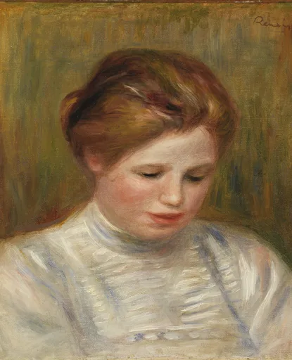 A girl in a ruffled white blouse looks down, auburn hair swept back, against an olive-green background