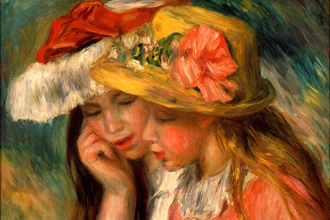 Two young girls in flower-trimmed straw hats lean together, one resting her cheek on her hand, in warm gold and green tones.