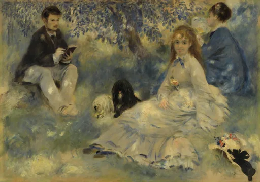 A family gathers in a leafy garden, a man reading and a woman in white with two small dogs, in soft greens and blues.