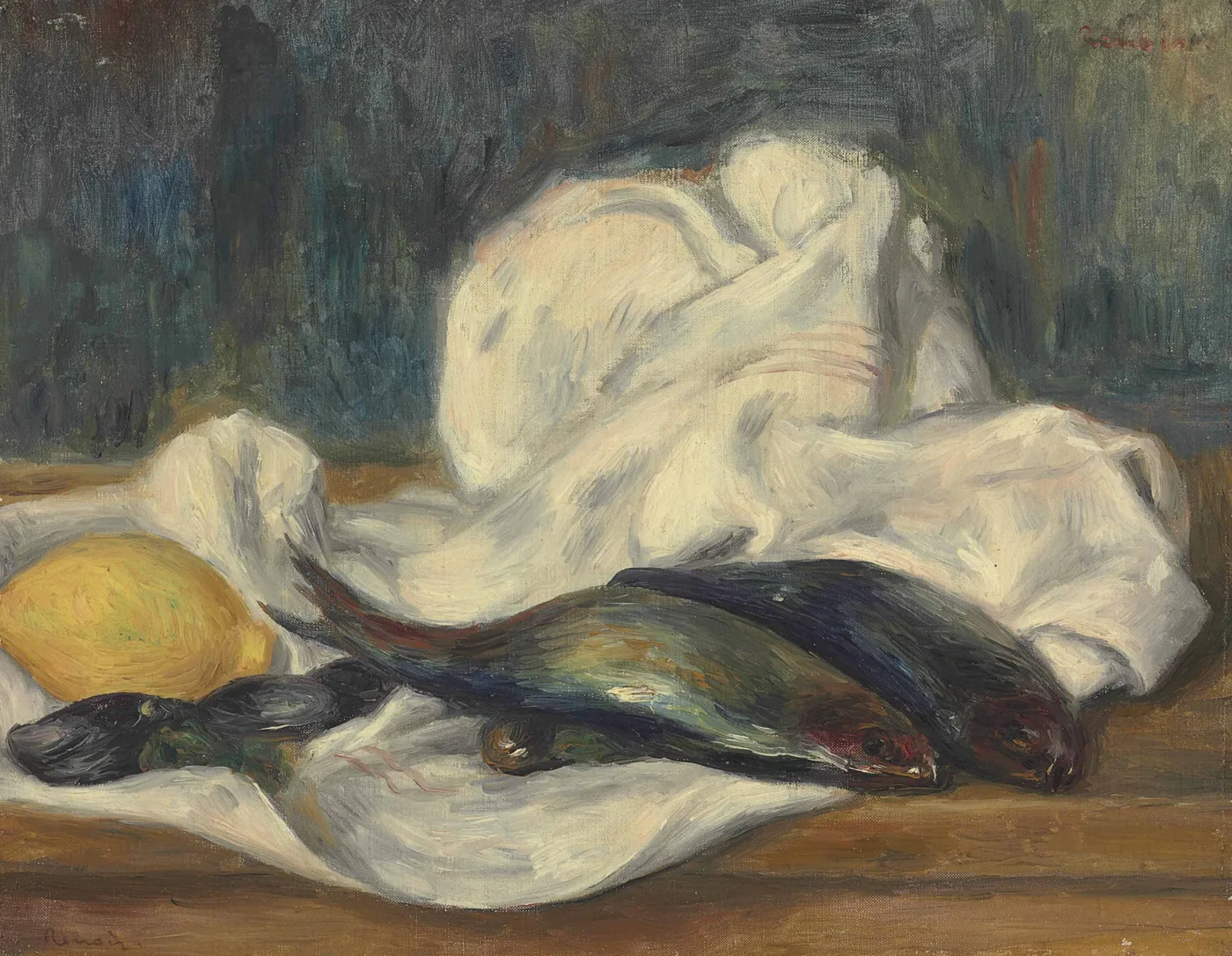 Two herring and a lemon rest on crumpled white cloth on a wooden table, against a dark green background