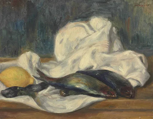 Two herring and a lemon rest on crumpled white cloth on a wooden table, against a dark green background