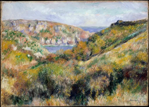 A hilly landscape of scrubby cliffs descending toward the sea at Moulin Huet Bay, painted in gold, green and lavender brushstrokes