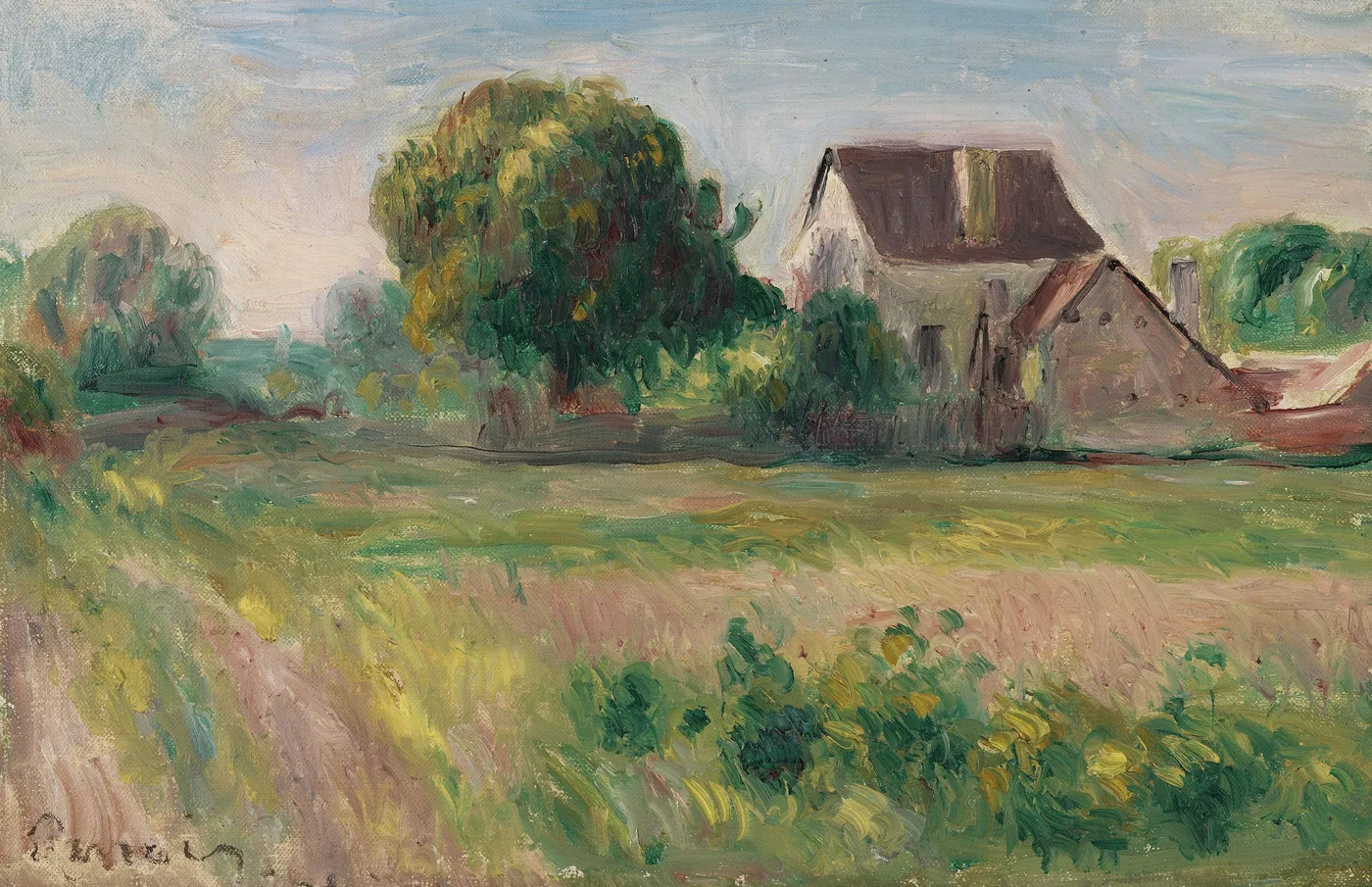 A farmhouse with a dark roof stands among trees beyond green fields, painted in soft green and earthy brown tones.