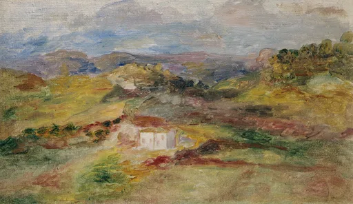 Small white houses nestled in a rolling ochre-and-green hillside landscape beneath distant blue hills.