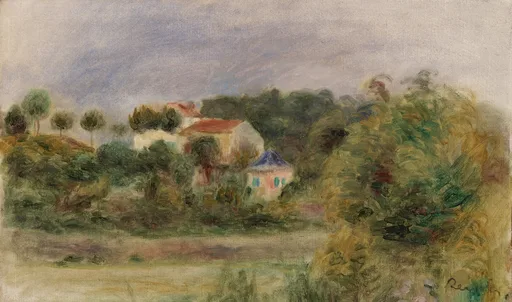 Village houses with red and blue rooftops nestle among dense trees under a cloudy sky, in muted green and mauve tones.