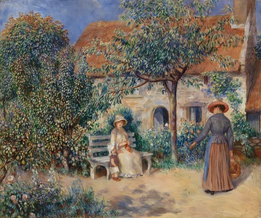 Women and a child in a lush cottage garden with a thatched roof house, one seated on a bench, in green, terracotta, and cream tones