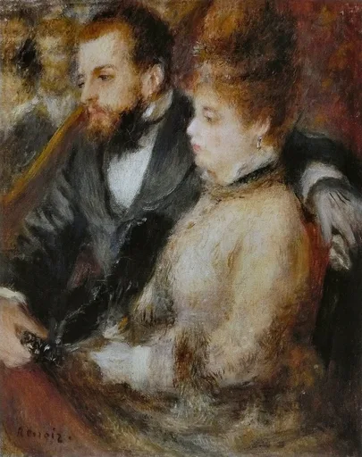 A bearded man in a dark suit and a woman in a cream dress seated together in a theatre box, in warm red tones