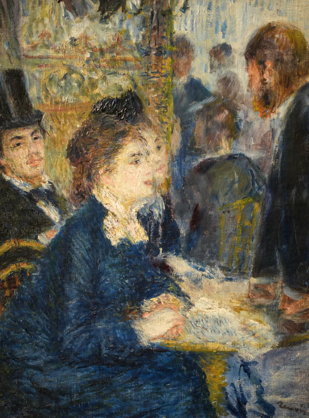 A woman in a dark blue dress seated at a cafe table with a top-hatted man behind her and patrons conversing nearby, in blue and gold