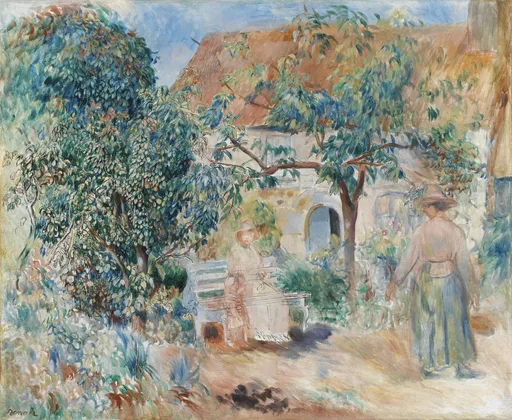 Two women and a young child in a lush Breton garden with a white bench and thatched cottage, in soft greens, white, and terracotta