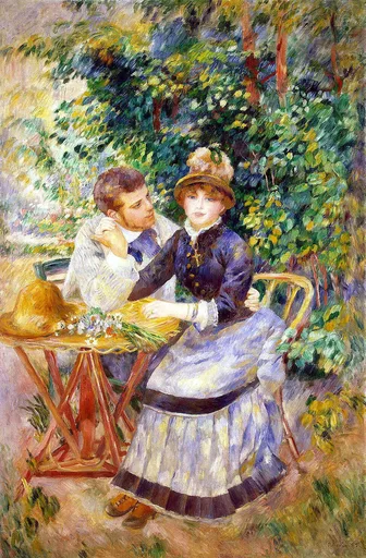 A man and a woman in a plumed hat sitting close together at a garden table beside flowering shrubs, in green, lavender, and gold