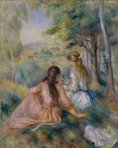 Two girls seen from behind sitting in a meadow picking wildflowers, with a hazy village landscape beyond, in soft pink, green, and gold tones