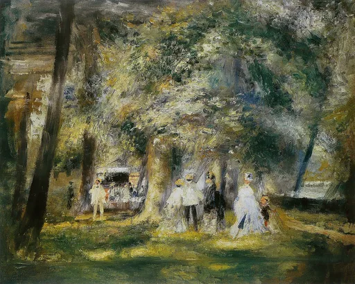 Figures in white strolling beneath sun-dappled trees in a park, with sailboats glimpsed through the foliage