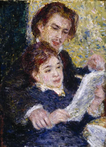 A man and a young woman close together reading a large sheet of paper, indoors, in dark blue, warm flesh tones, and golden yellow