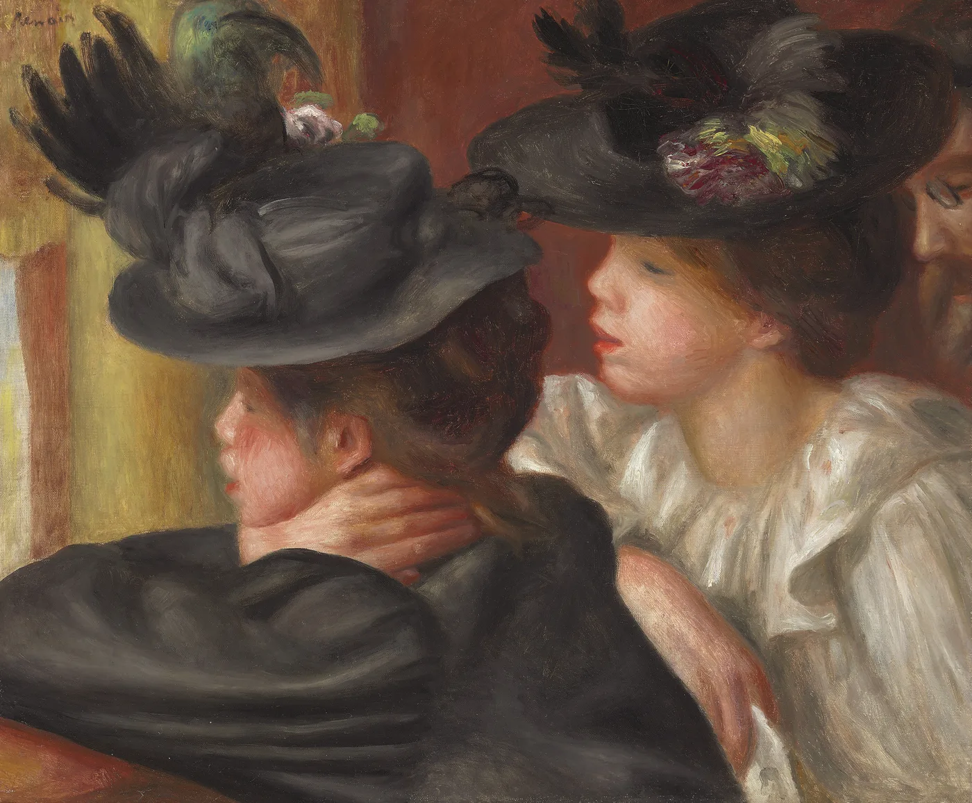 Two women in a theatre box lean close together, wearing dark feathered hats, against a warm reddish background