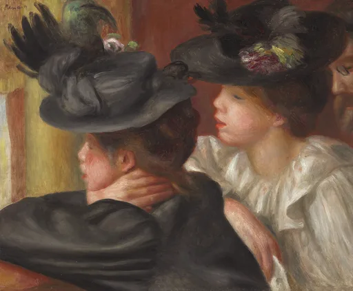 Two women in a theatre box lean close together, wearing dark feathered hats, against a warm reddish background