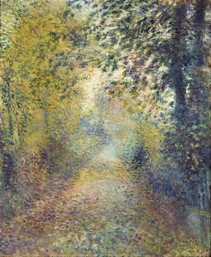 A sunlit dirt path winding through a dense forest, dappled with fallen leaves, in golden yellow, green, and lavender shadow tones