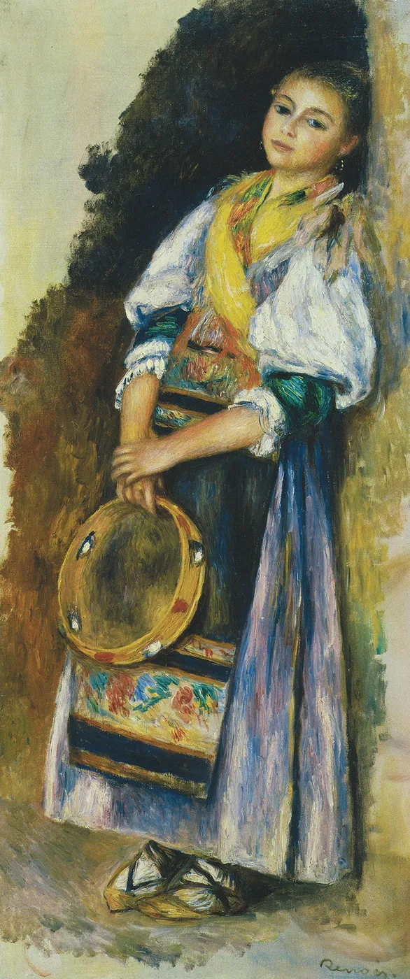 An Italian woman in folk costume holds a tambourine, wearing a white blouse and yellow sash against a dark backdrop.