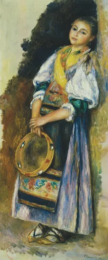 An Italian woman in folk costume holds a tambourine, wearing a white blouse and yellow sash against a dark backdrop.