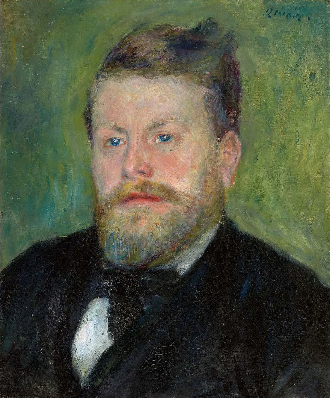 A bearded man in a black suit and white cravat gazes forward against a mottled green background.