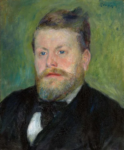 A bearded man in a black suit and white cravat gazes forward against a mottled green background.