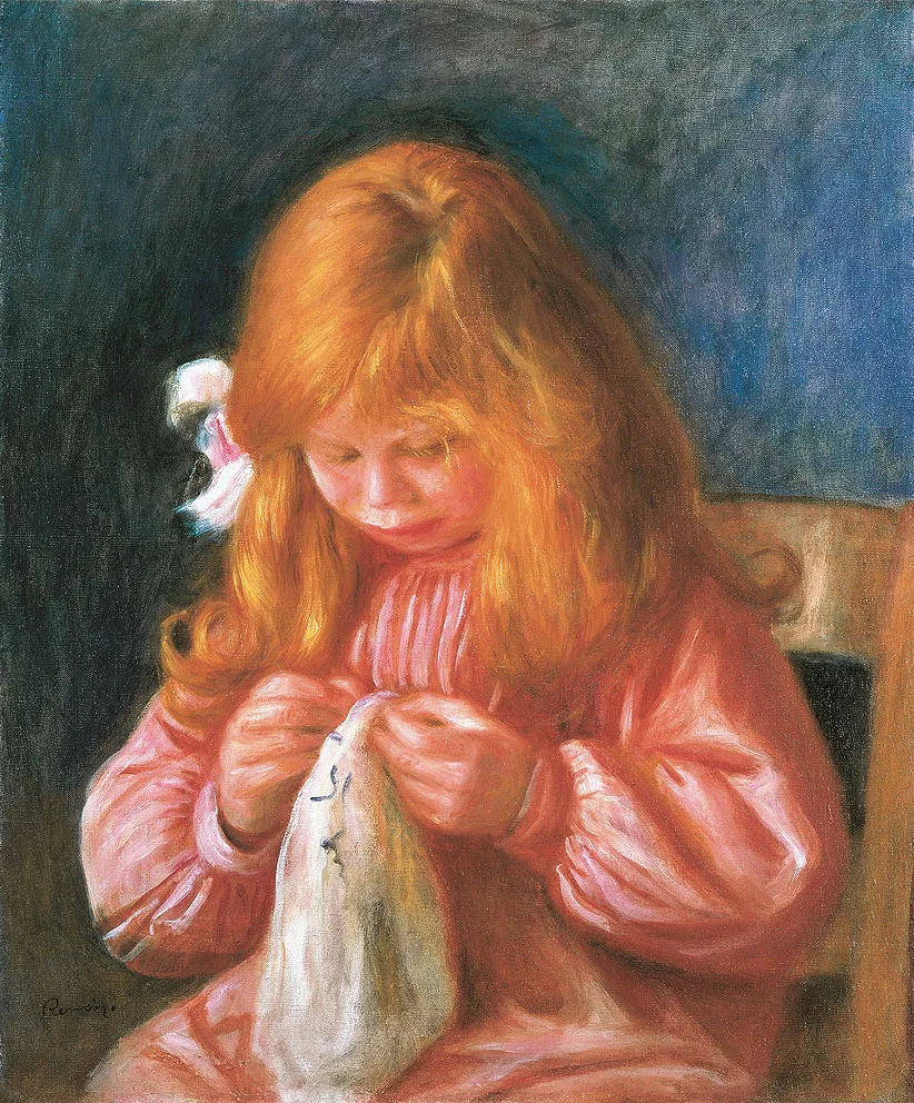A red-haired child with long curls, in a pink smock, bends over needlework held in both hands against a dark blue background.