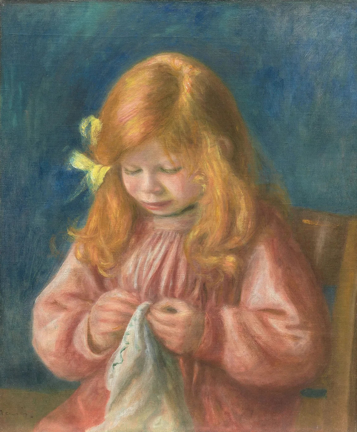 A red-haired child in a pink dress bent over sewing a piece of white cloth, against a deep blue background, in pink, auburn, and blue tones