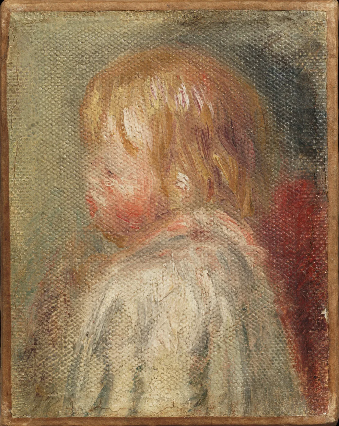 A small sketch of a blond child seen from behind in a white smock, against muted green and red tones.