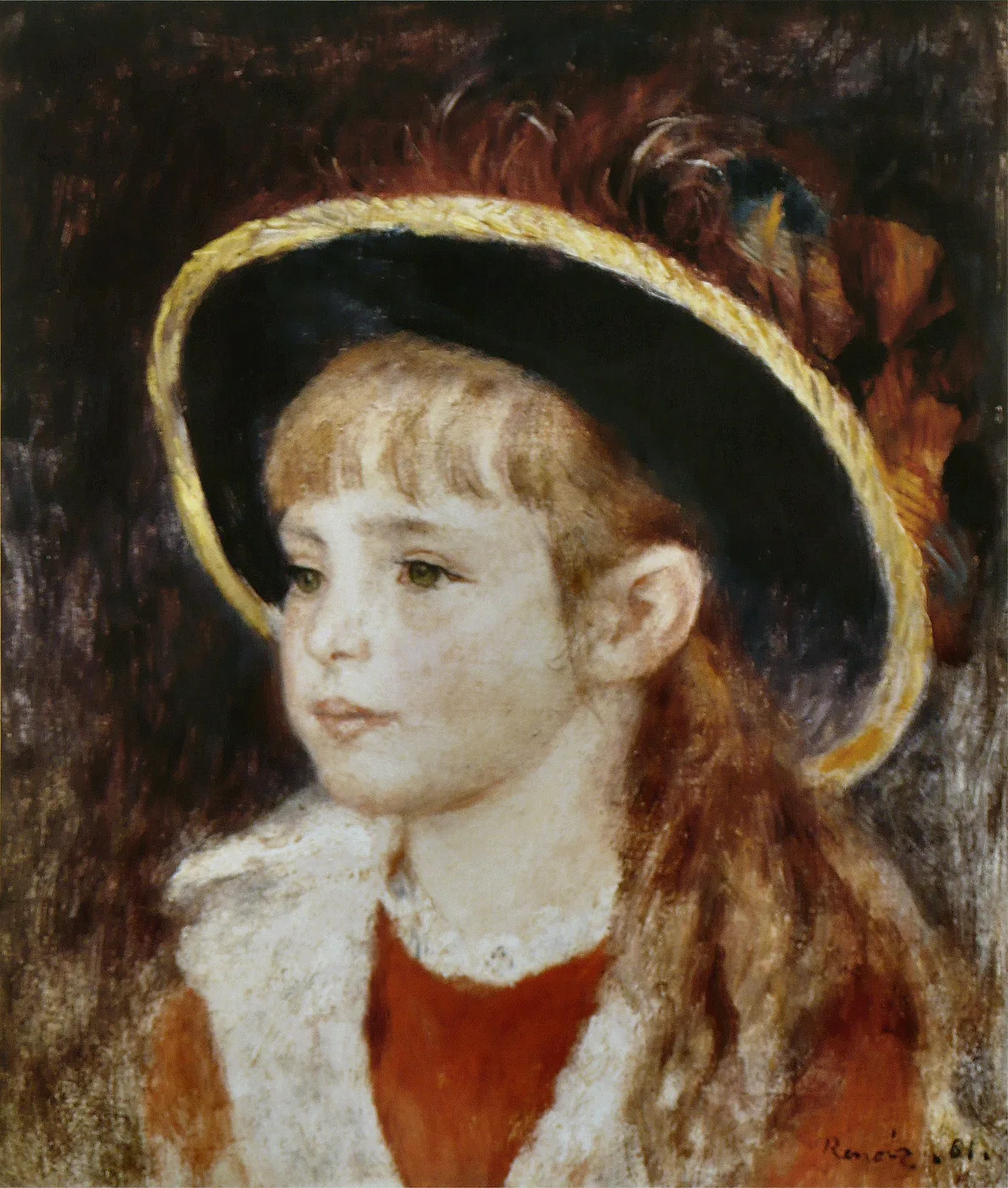 A young girl in a dark blue straw-brimmed hat wears a red dress with a white lace collar against a warm brown backdrop.