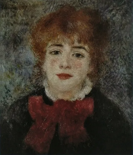 A young woman with curly auburn hair and a large red bow at her collar is portrayed against a dark background.