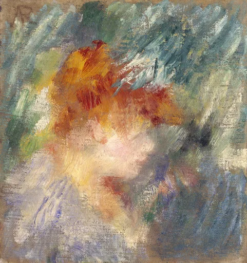 A loosely brushed impressionist head with auburn hair dissolves into strokes of green, blue and white.