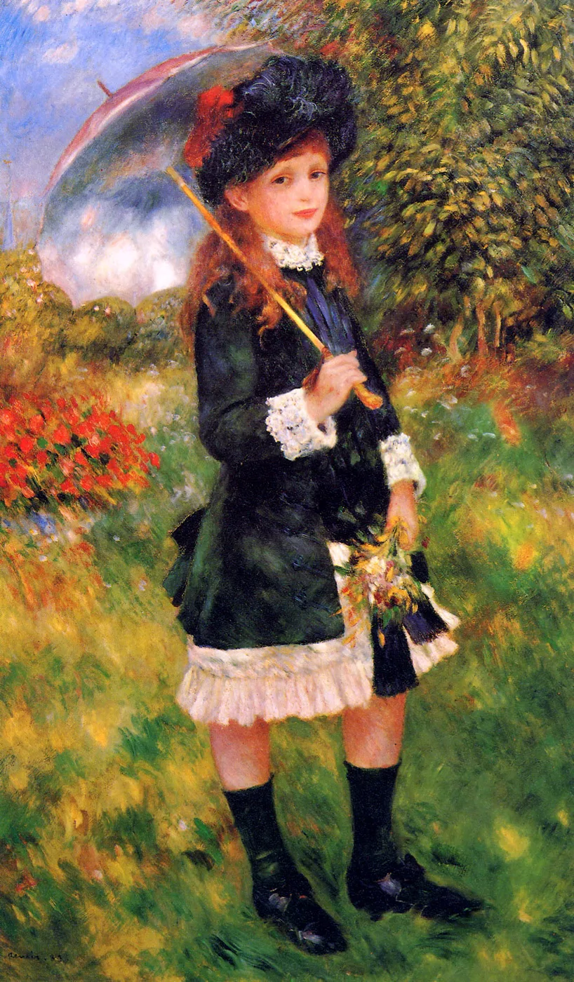 A girl with long red hair holds a parasol and flowers, dressed in black with white lace trim amid red poppies and grass.