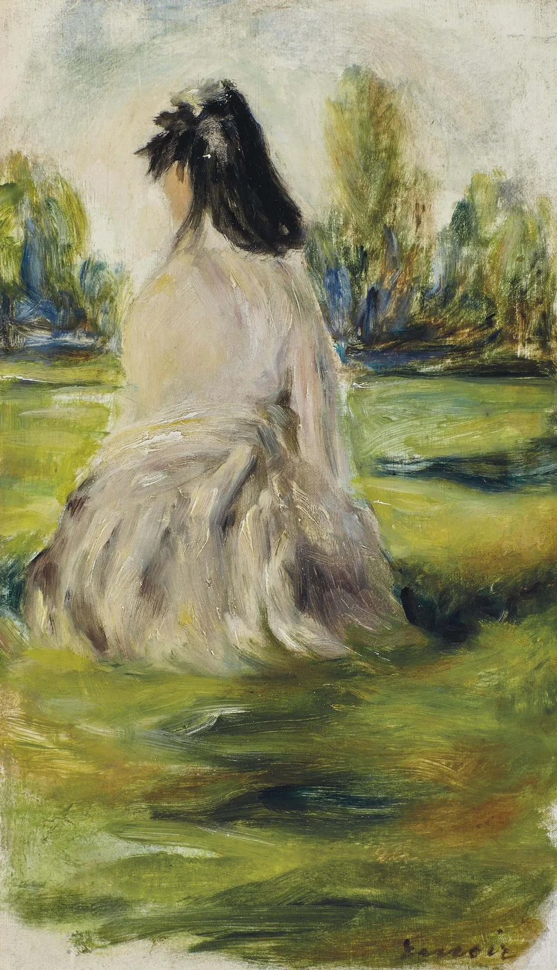 A woman in a white dress sits in a green meadow seen from behind, her dark hair loose, trees in the distance.