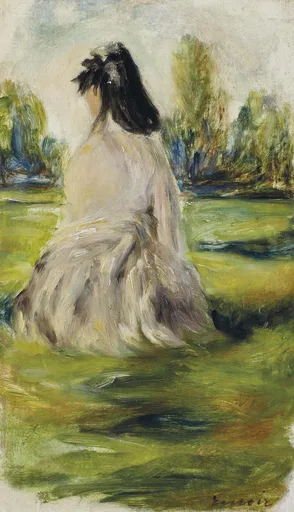 A woman in a white dress sits in a green meadow seen from behind, her dark hair loose, trees in the distance.