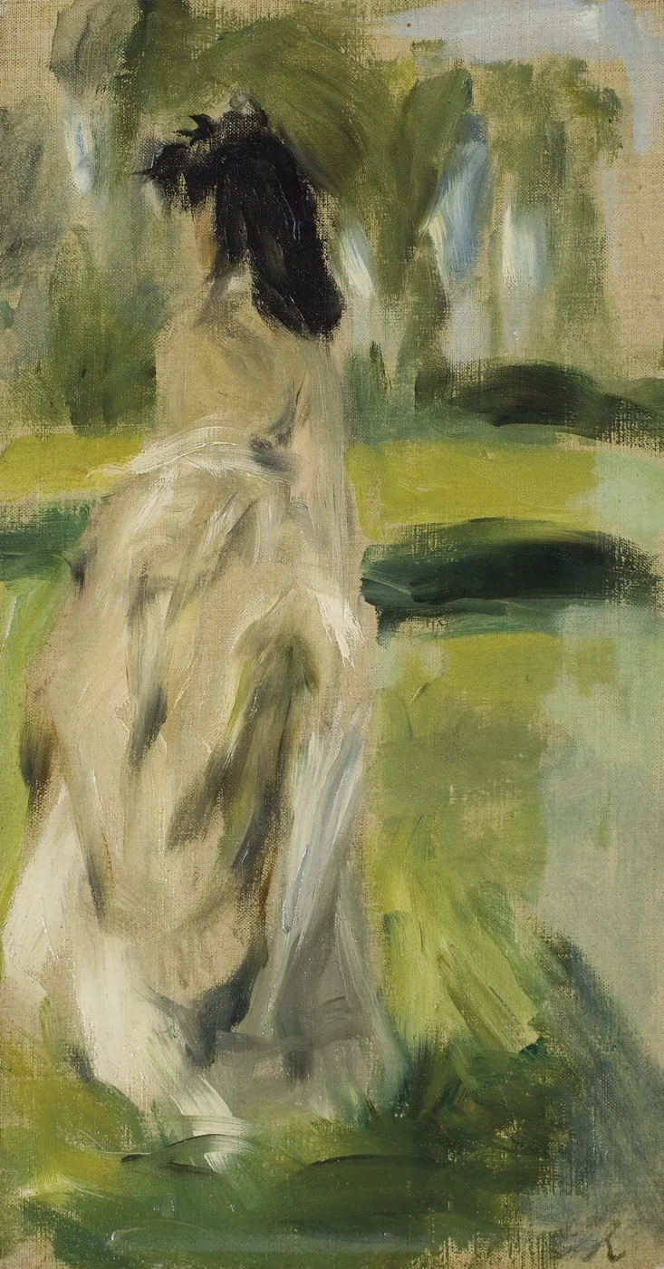 A woman in a white dress stands with her back turned in a green landscape, her dark hair loosely pinned.