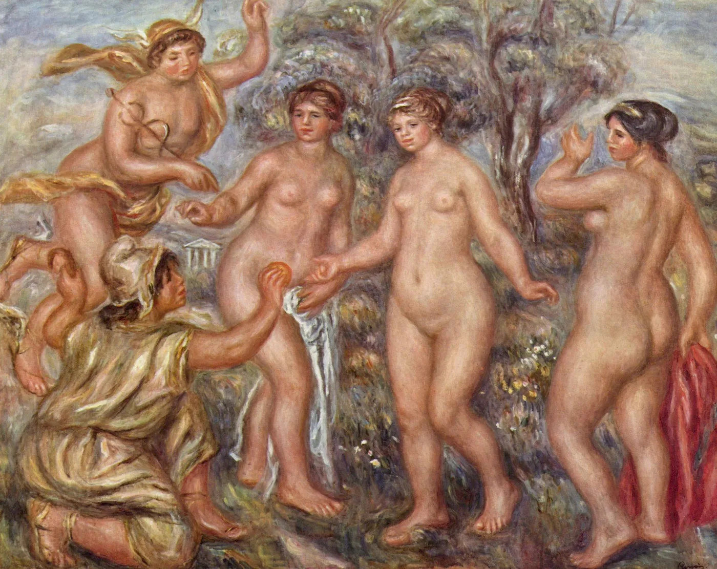 A mythological scene of three nude goddesses receiving a golden apple from Paris while a winged Mercury hovers above, in pale flesh tones and soft blue