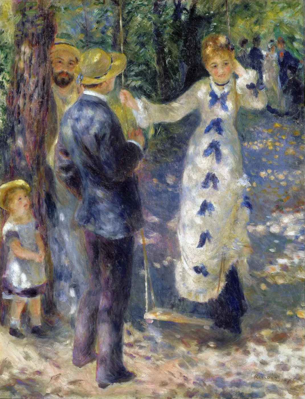 A young woman in a white dress with blue bows stands on a garden swing beside a man and a child, in dappled violet and green light