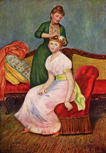 A woman in a green dress arranging flowers in the hair of a seated girl in a pale pink gown on a red sofa, in warm pink and green tones