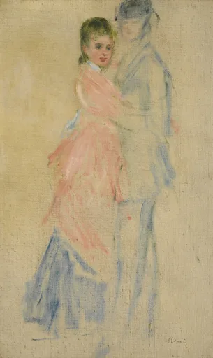 An unfinished dance study shows a woman in a pink dress fully painted beside a partner sketched only in blue outline.