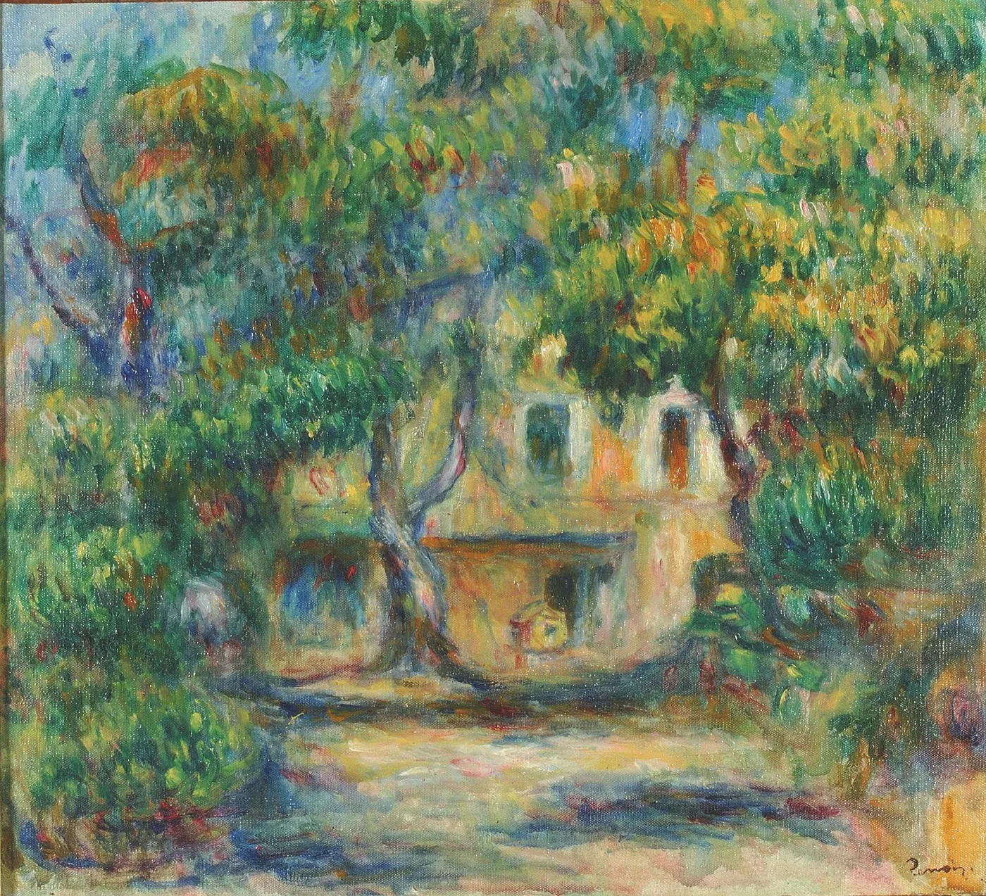A stone farmhouse glimpsed through dense olive trees along a sunlit path, painted in vivid green, gold, and ochre
